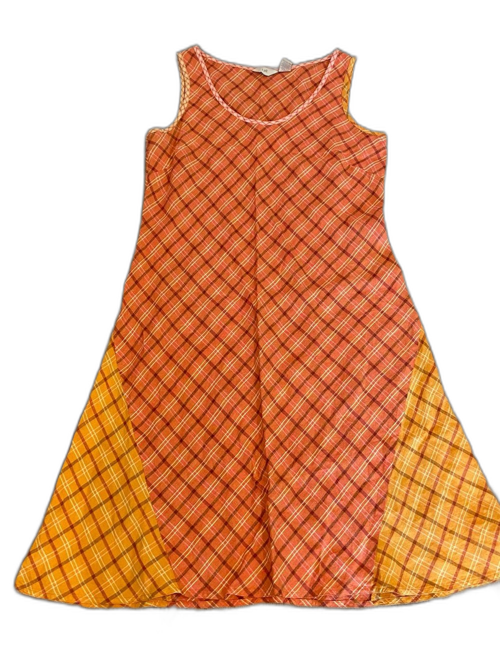 J. Jill Plaid 100% Linen Dress Aline Sleeveless Orange Summer Beach Size 12